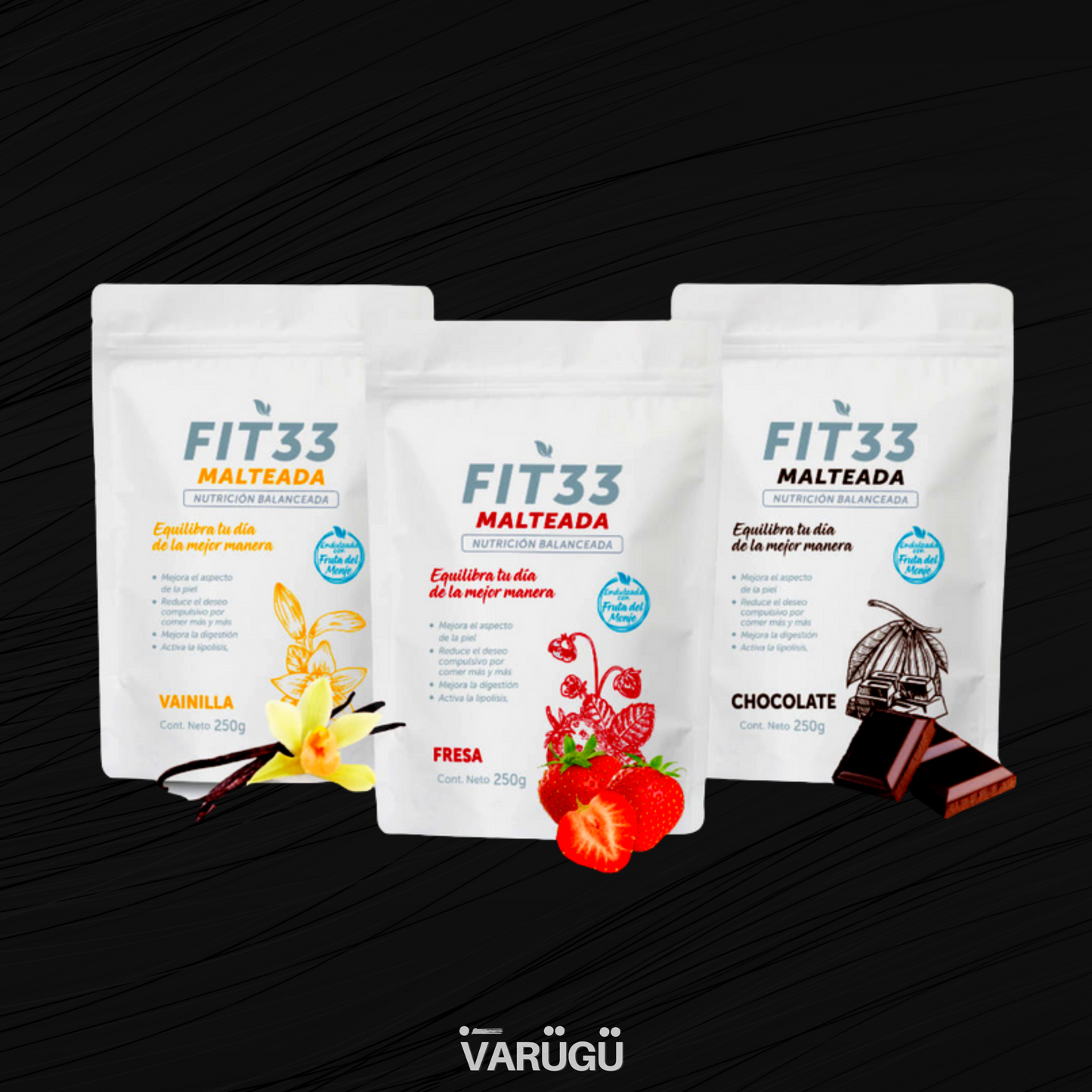 Malteada Fit33 con Vitaminas - Mejora la digestión, sabor fresa, chocolate y vainilla