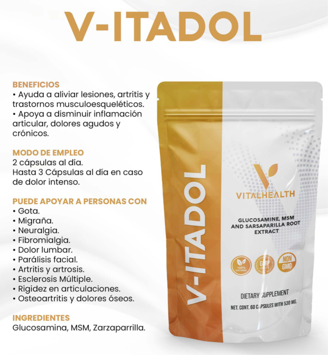 VITADOL | Con Glucosamina - Artritis, artrosis, dolor óseo y lumar | Parálisis o esclerosis