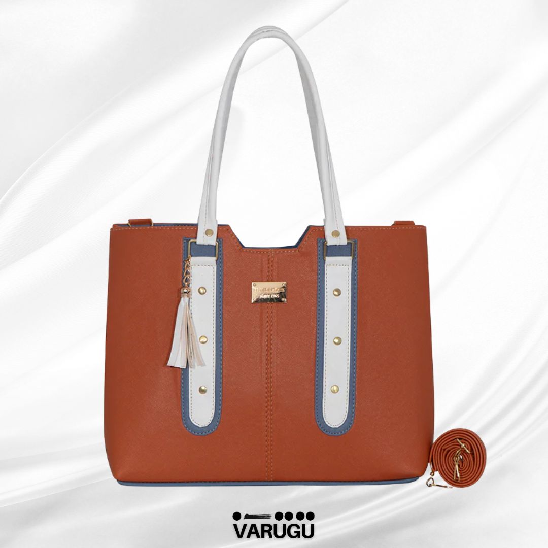Bolsa camel oscuro con detalles en blanco y azul