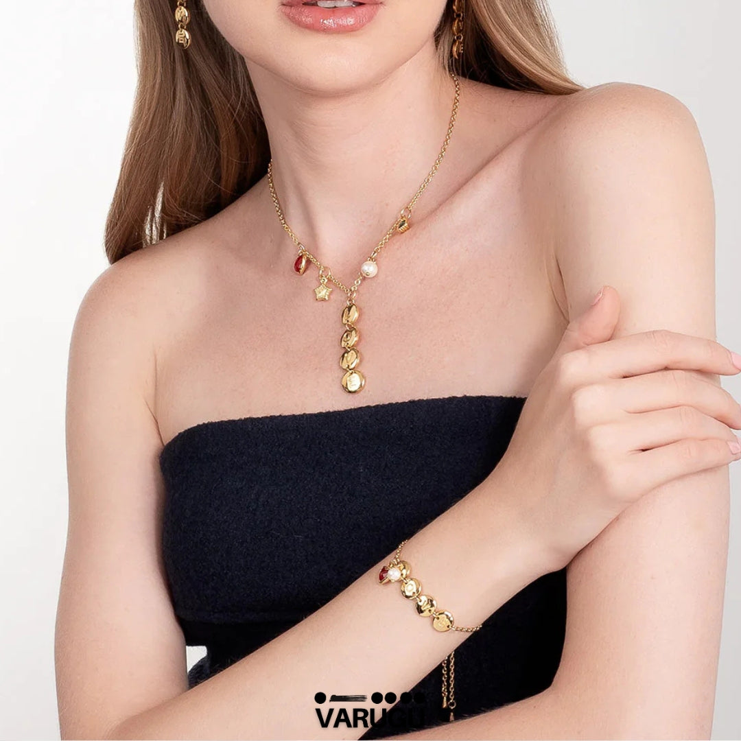 Pulsera en baño de oro dijes LOVE corazón y perla