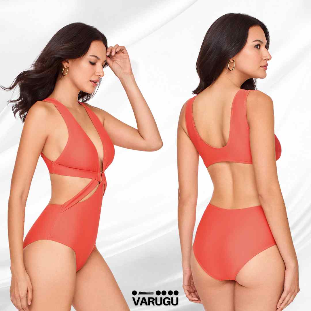 Traje de baño coral con escote cruzado