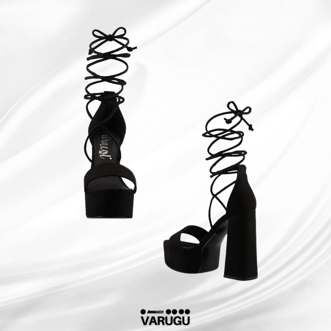 Zapatillas altas negras tiras largas pantorrilla tacón grueso
