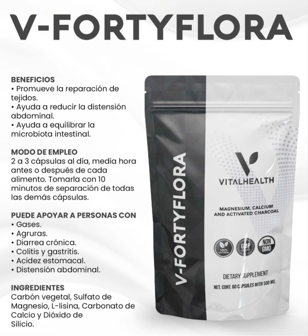 V-FORTYFLORA - Acidez estomacal, agruras, gases, diarrea y reparación de flora intestinal