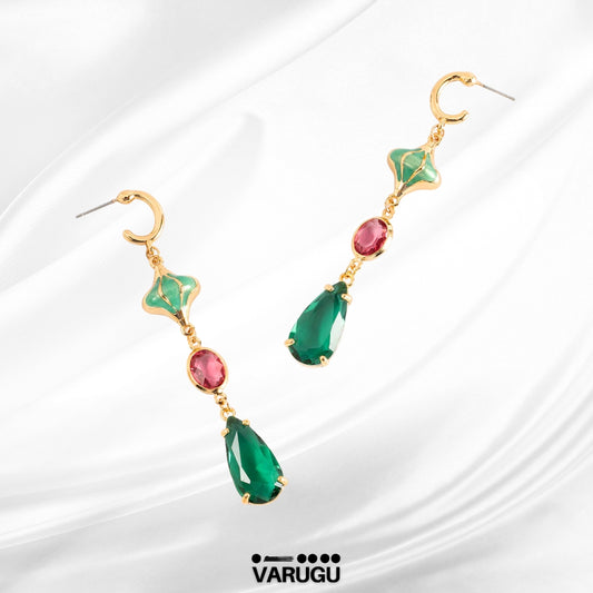 Aretes largos con piedras de color rosa y verde
