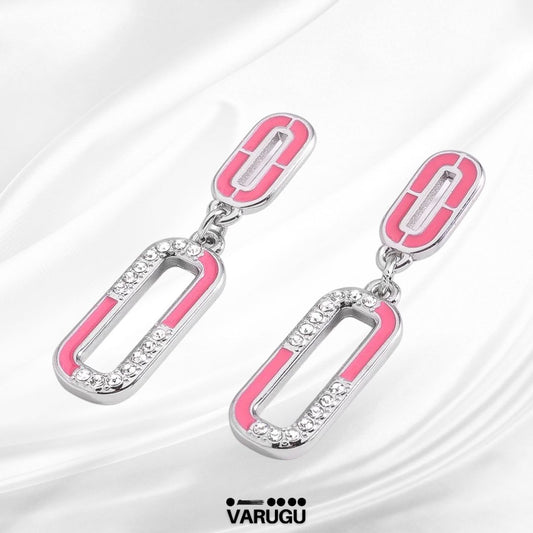 Aretes diseño eslabón rosa en baño de rodio