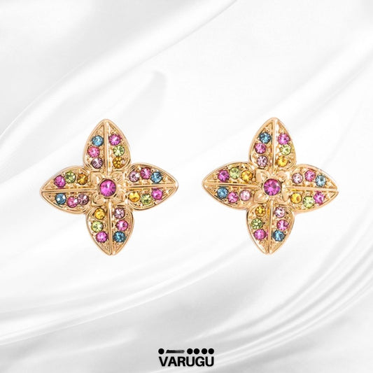 Aretes diseño flor multicolor en baño de oro