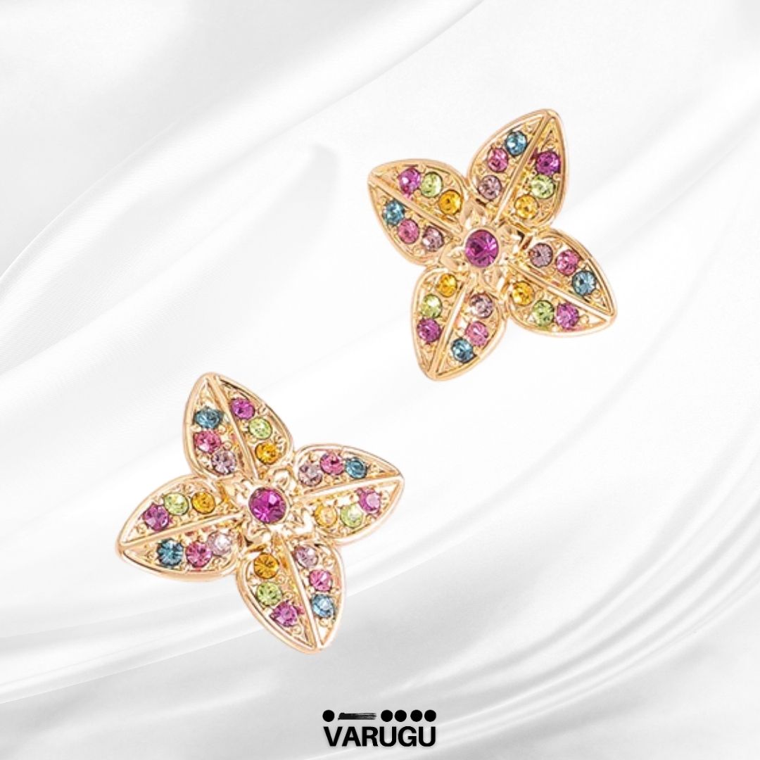 Aretes diseño flor multicolor en baño de oro
