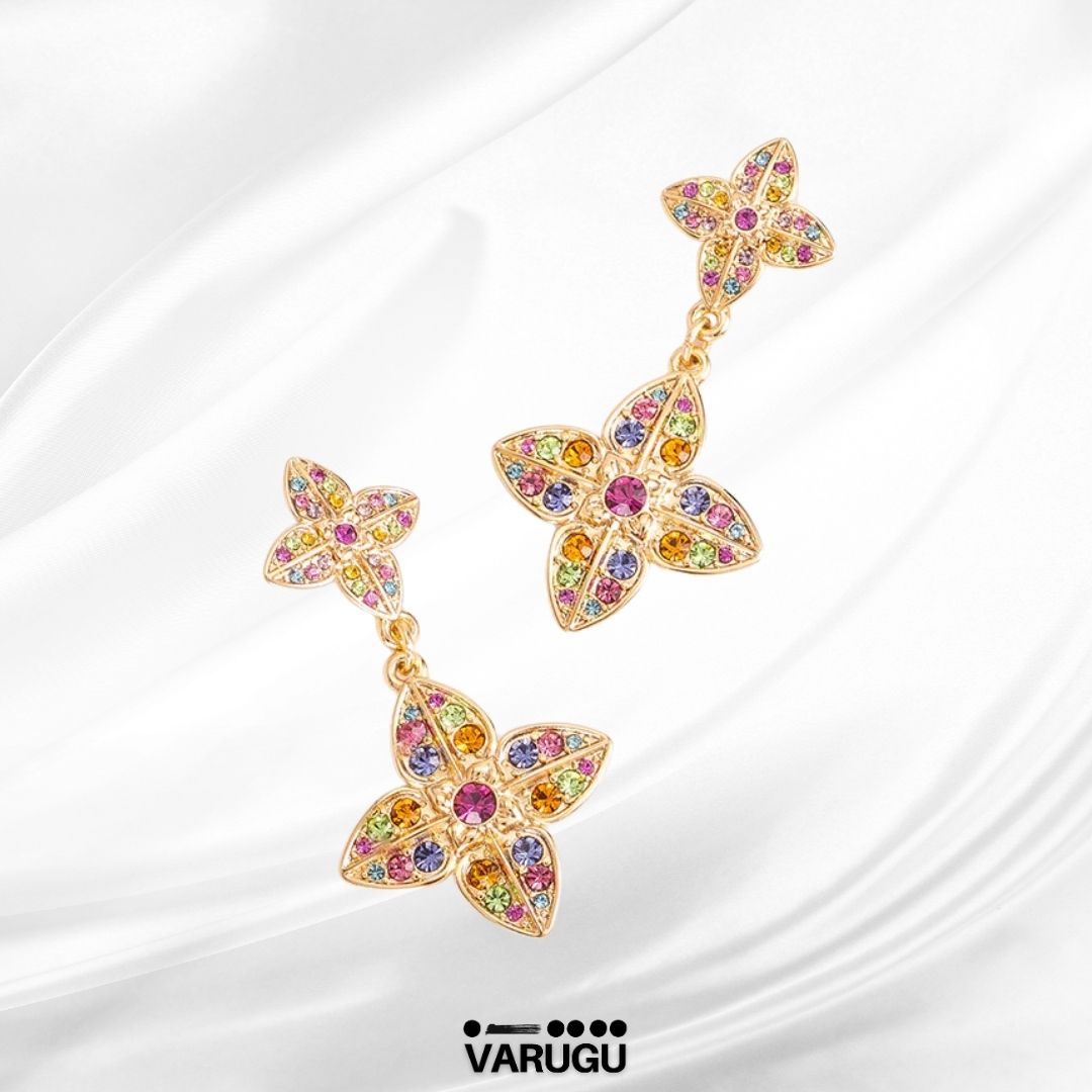 Aretes colgantes flor multicolor en baño de oro