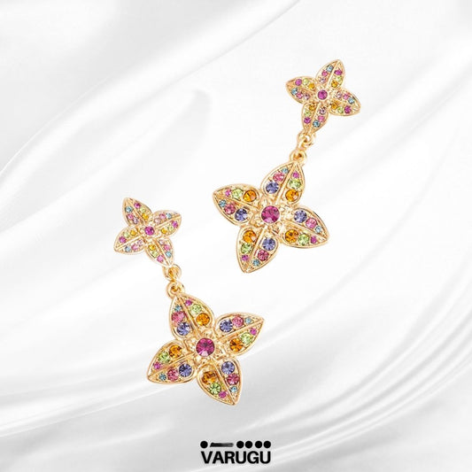 Aretes colgantes flor multicolor en baño de oro