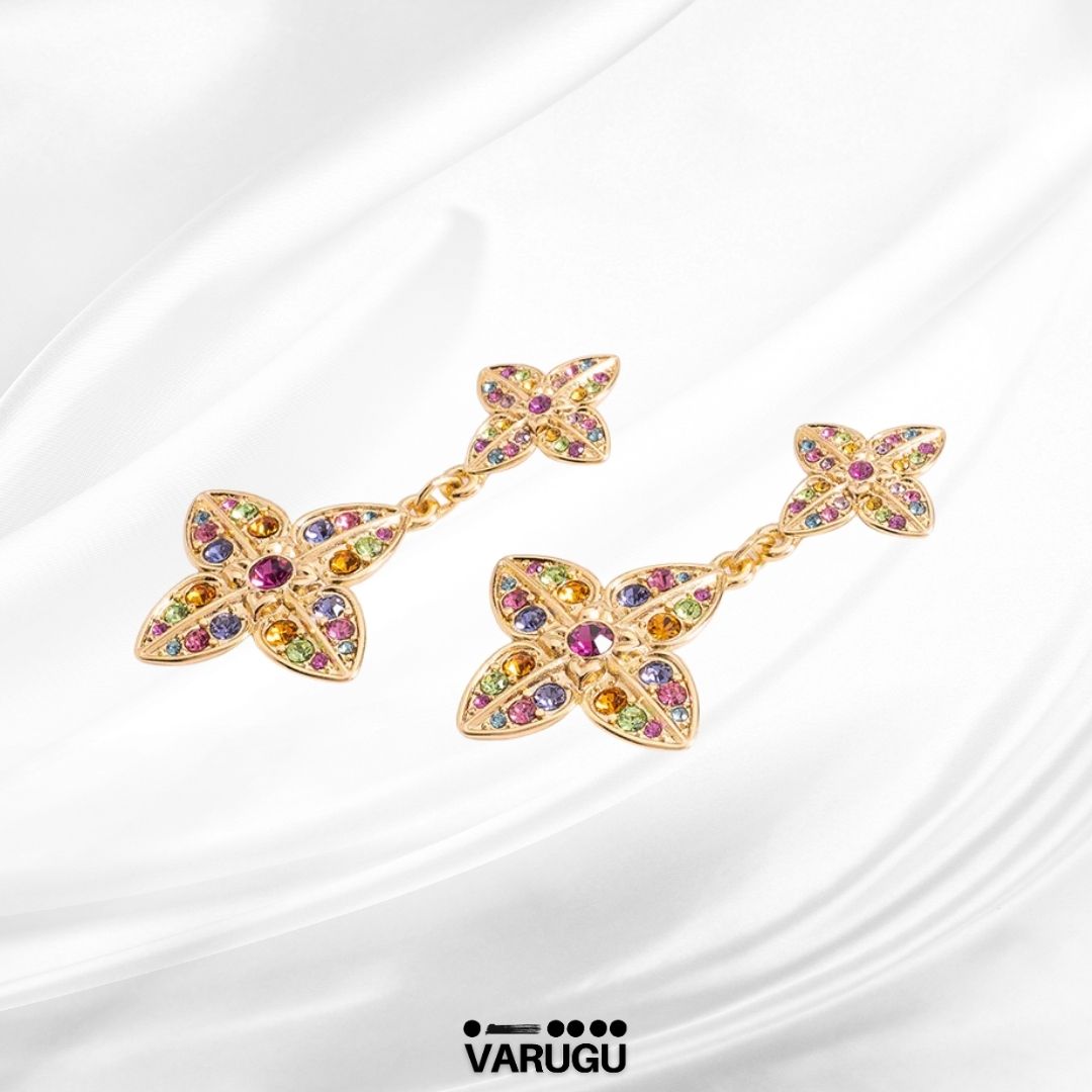 Aretes colgantes flor multicolor en baño de oro