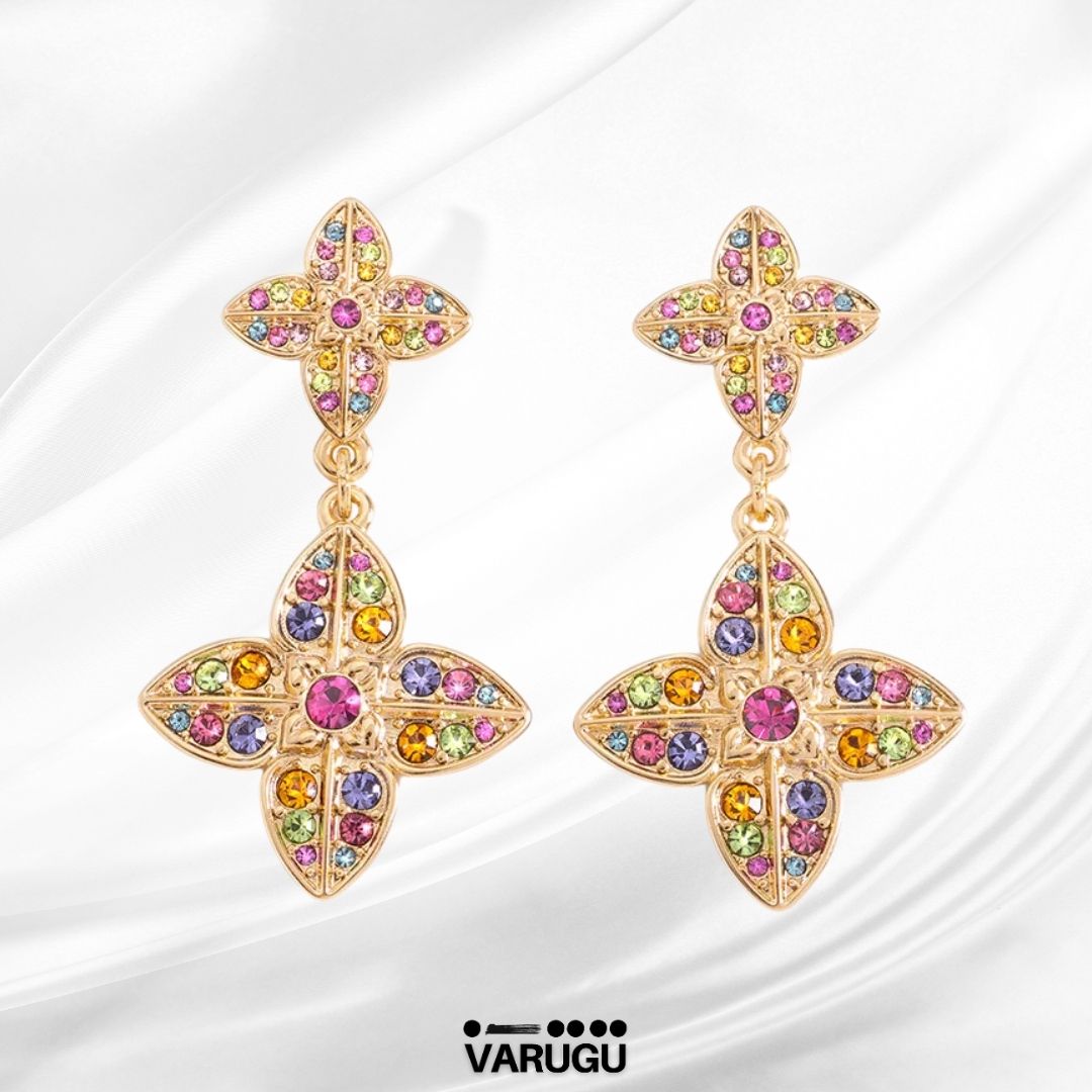 Aretes colgantes flor multicolor en baño de oro