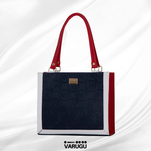 Bolsa azul marino con blanco y rojo