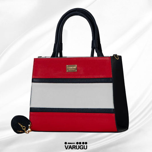 Bolsa negra con tonos rojos y blancos