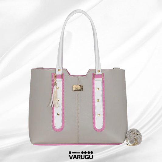 Bolsa gris con toques rosas y blanco