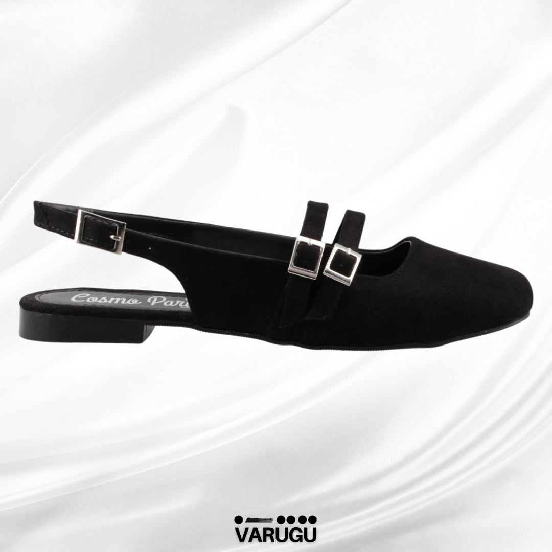 Flats para dama negros con triple correa