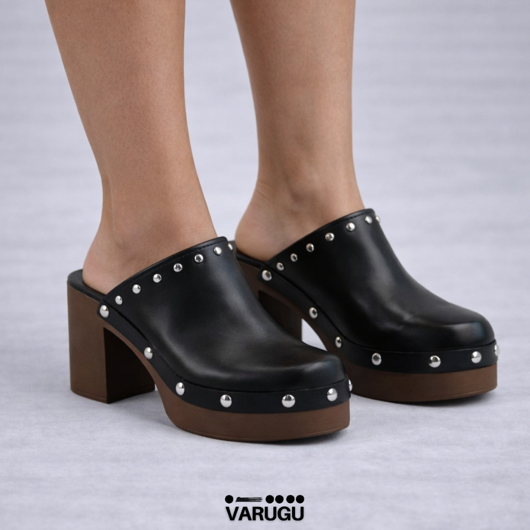 Zapatillas de tacón grueso café color negro