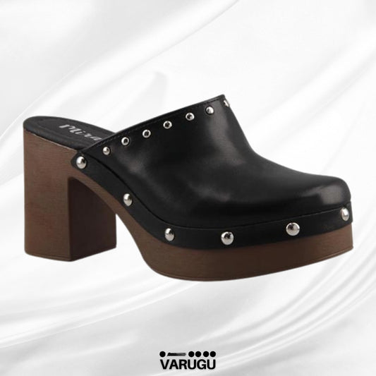 Zapatillas de tacón grueso café color negro