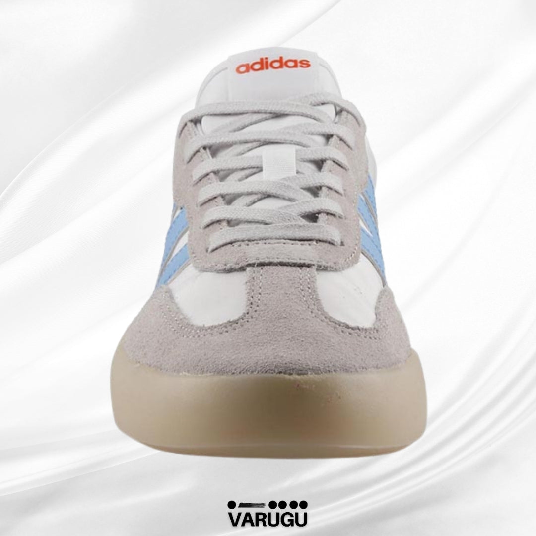 Tenis Adidas blanco gris y franja azul hombres