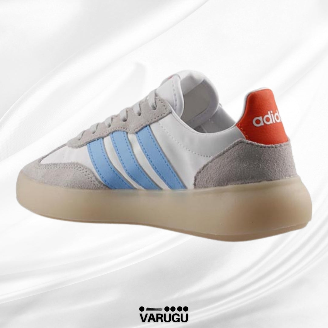 Tenis Adidas blanco gris y franja azul hombres