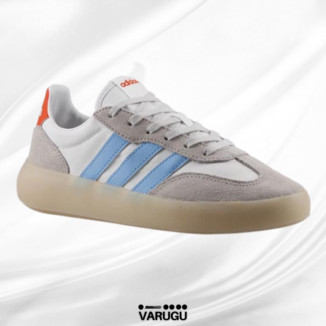 Tenis Adidas blanco gris y franja azul hombres
