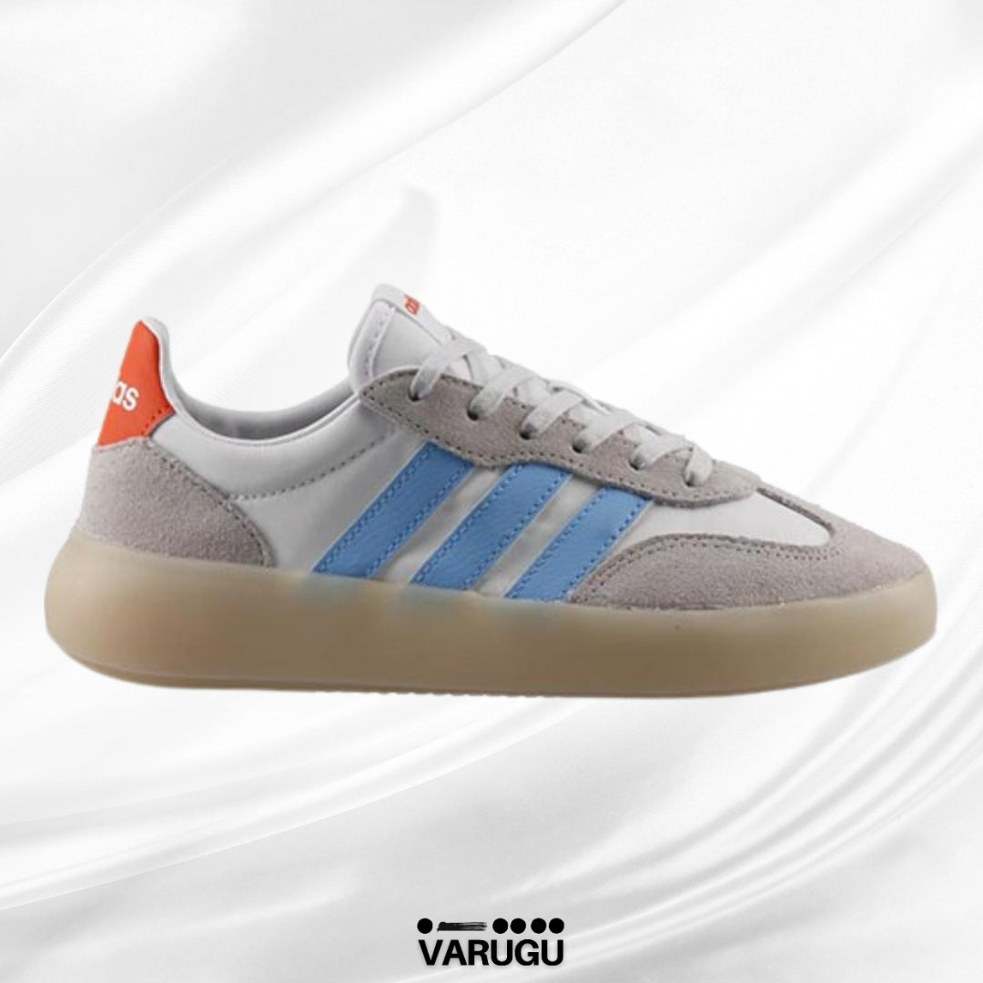 Tenis Adidas blanco gris y franja azul hombres
