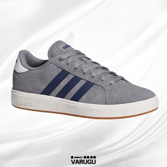 Tenis Adidas grises con franja azul hombres