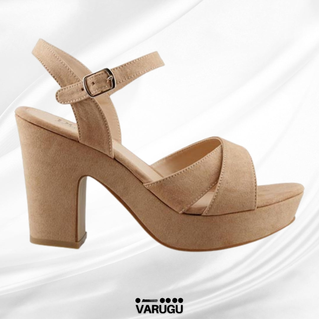 Zapatillas beige camel tacón con cruce