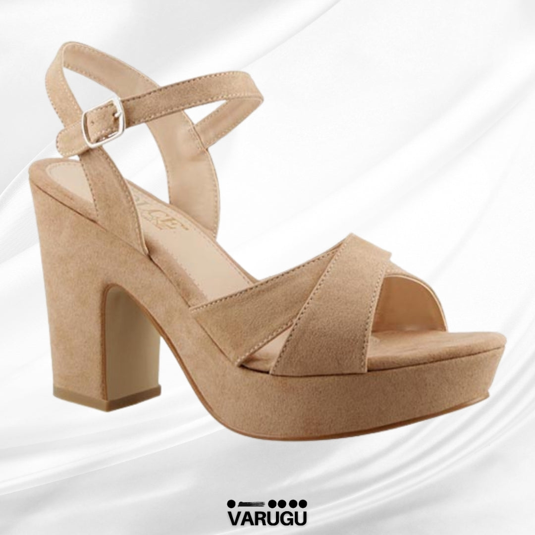 Zapatillas beige camel tacón con cruce