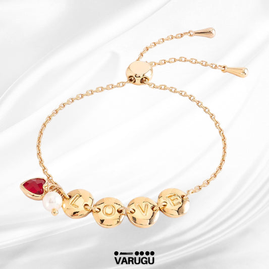 Pulsera en baño de oro dijes LOVE corazón y perla