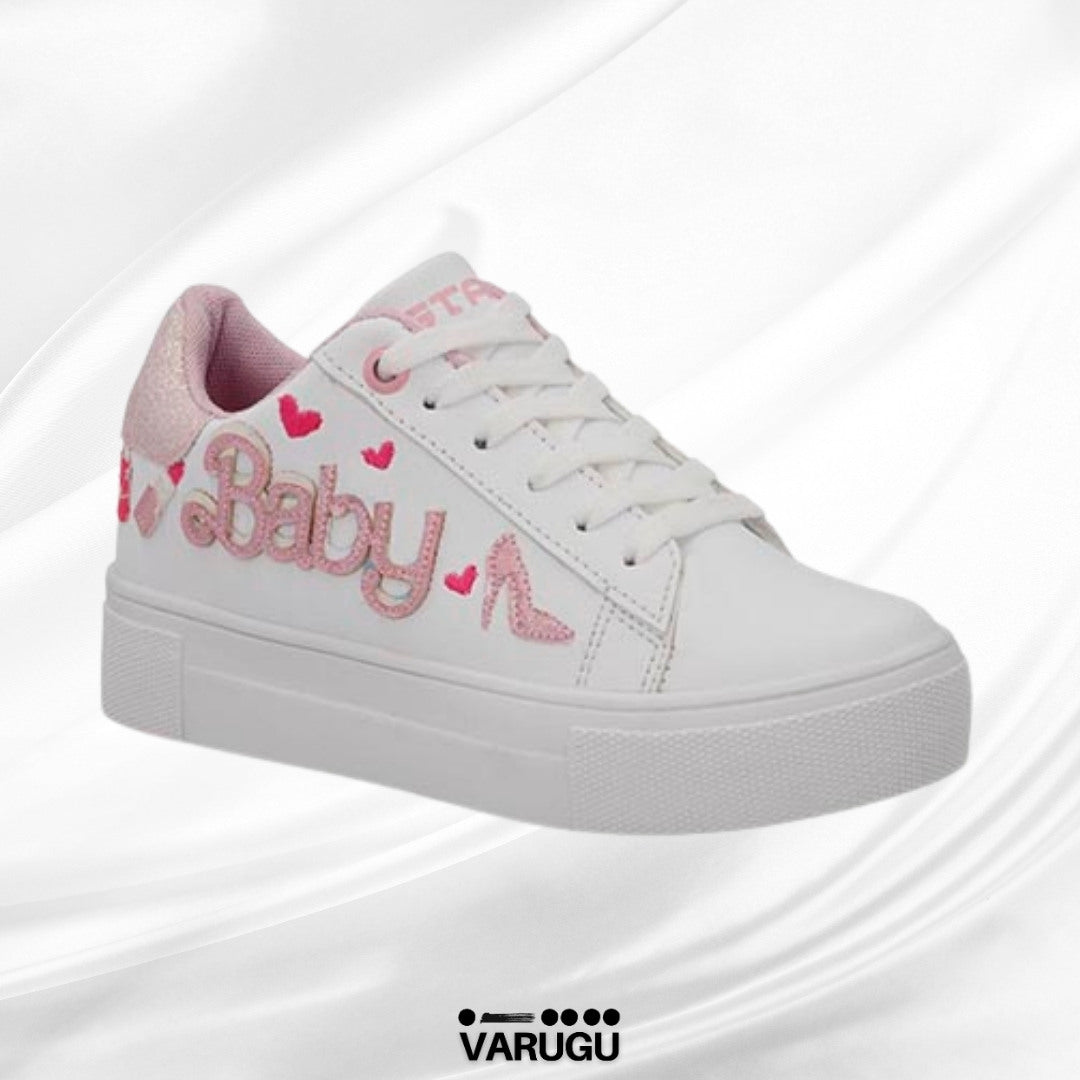 Tenis blancos con letras Baby rosadas | Talla 18 - 21.5