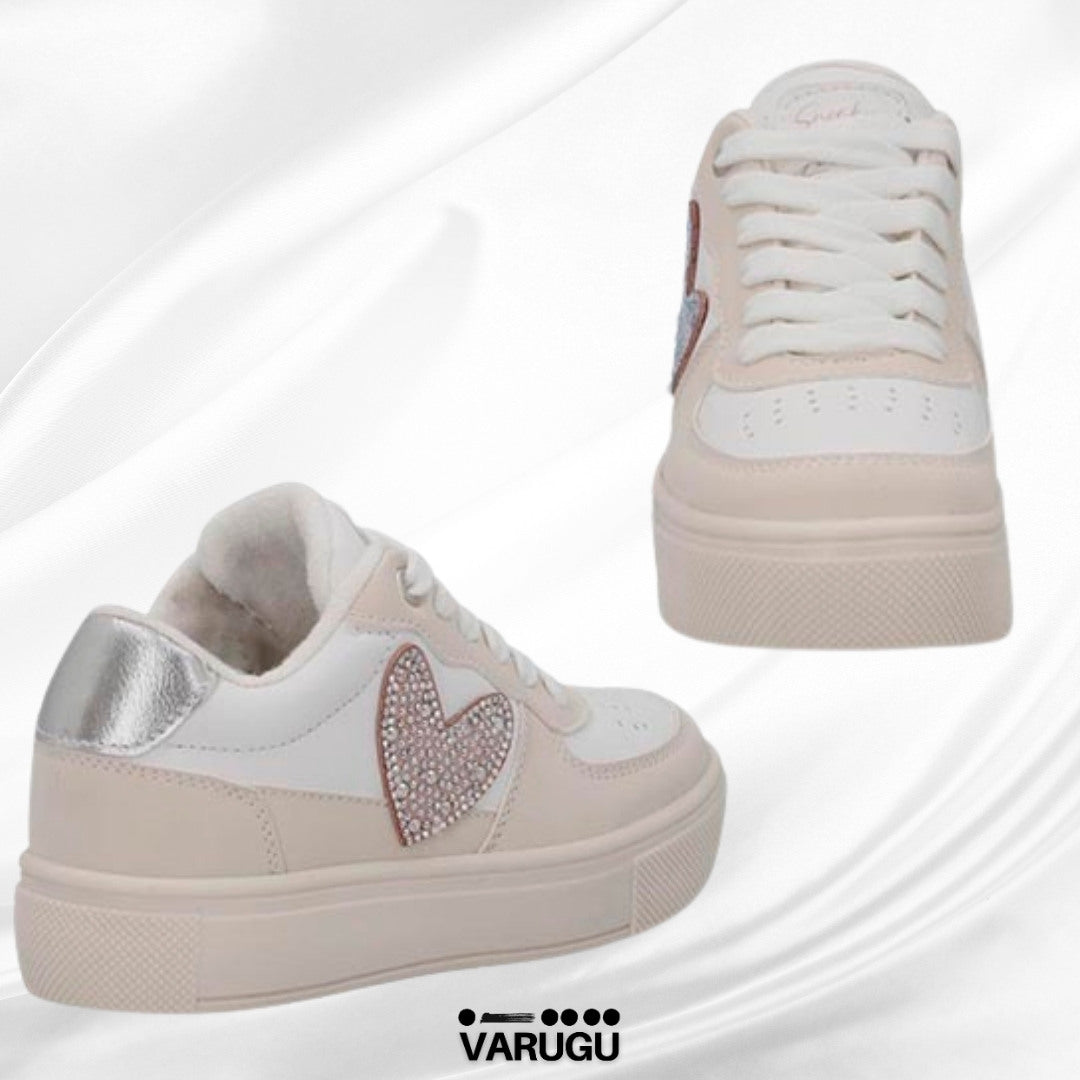 Tenis blanco y beige con corazón para niña | Talla 18 - 21.5