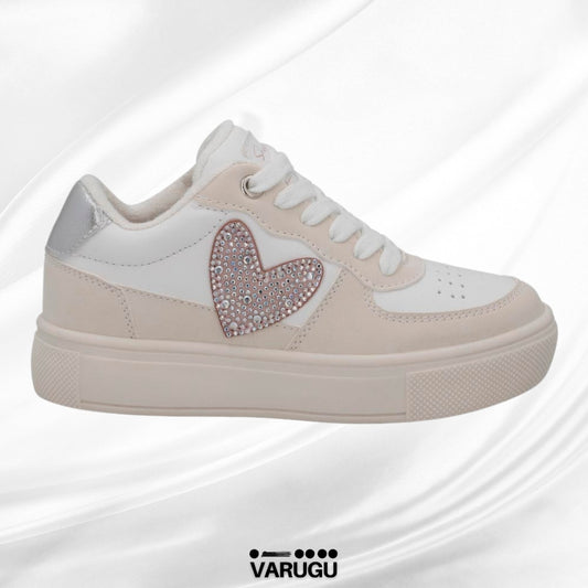 Tenis blanco y beige con corazón para niña | Talla 18 - 21.5
