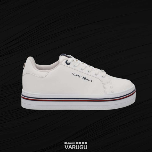 Tenis Tommy blancos con franja azul y roja mujer