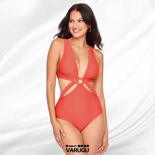 Traje de baño coral con escote cruzado