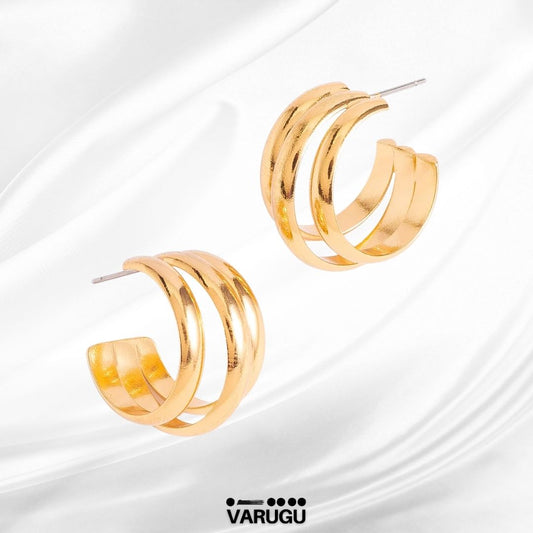 Aretes en baño de oro diseño triple aro moderno