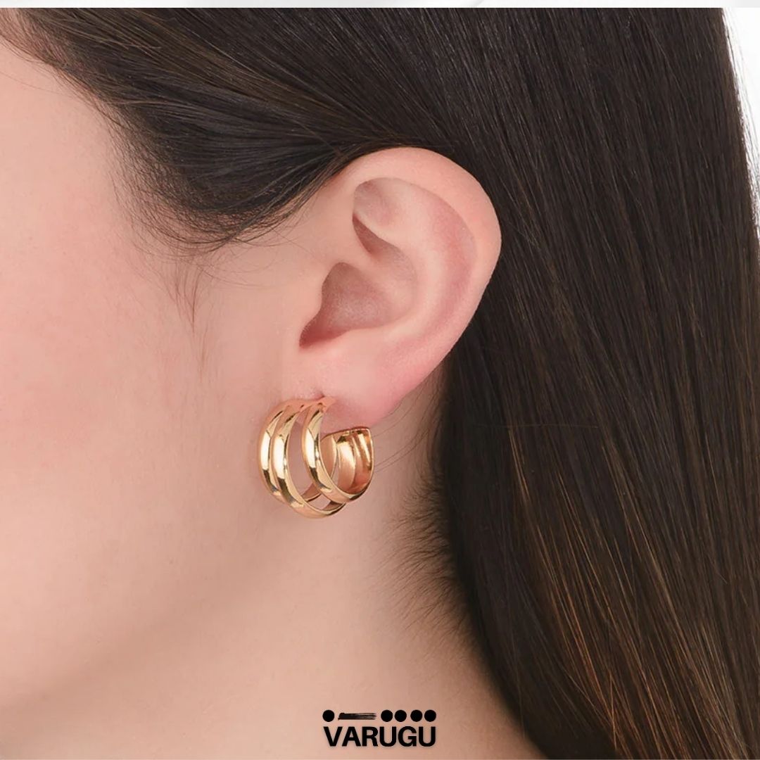 Aretes en baño de oro diseño triple aro moderno