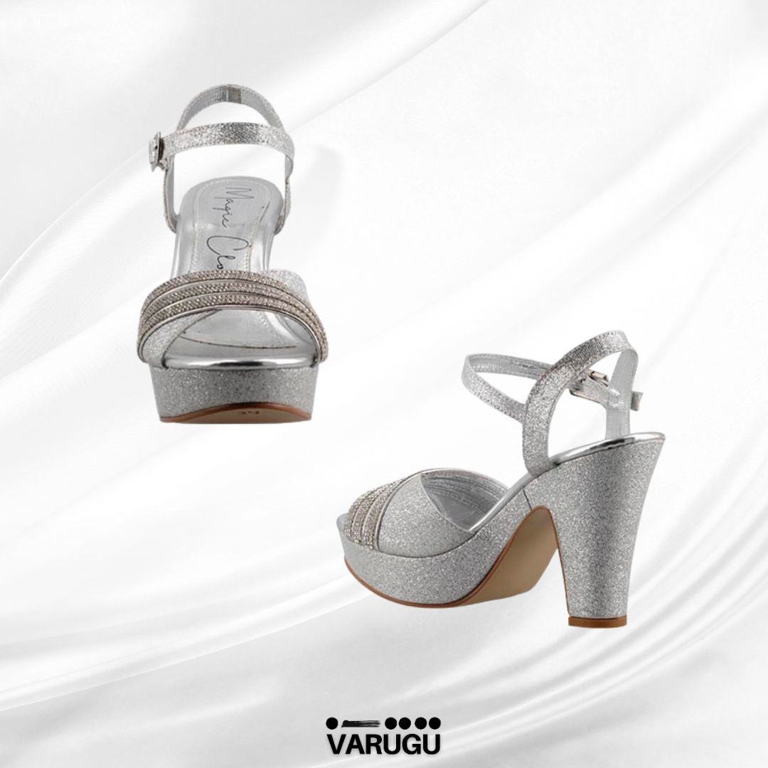 Zapatillas altas plateadas con pulsera tacón grueso